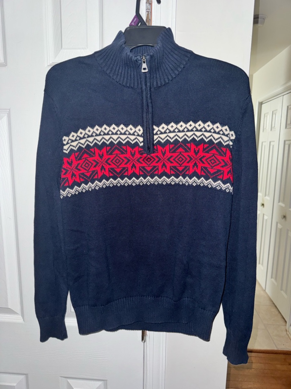 Weatherproof Vintage Men’s Medium 100%Cotton Nordic Snowflake 1/4 Zip Flaw Stain